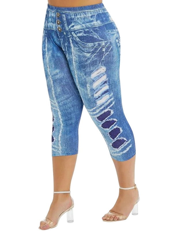 Newonne Women's Plus Size Imitation Denim Print High Waist Casual Skinny Capri  Pants - Walmart.com